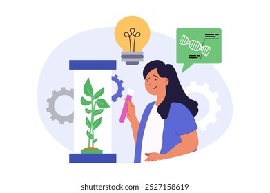 Science laboratory concept in modern flat design for web. Woman studying plants, making tests with green leaf at tube, researching genetic molecular structures at lab equipment. Vector illustration.