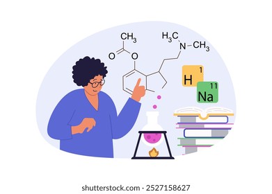 Science laboratory concept in modern flat design for web. Woman doing chemical research at test tubes and beaker, studying molecular structures and formulas at lab equipment. Vector illustration.