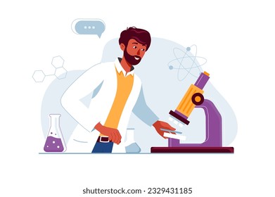 Science laboratory concept with people scene in the flat cartoon style. The scientist checks the results of the experiment under a microscope. Vector illustration.