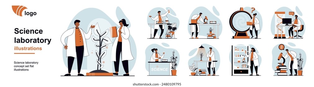 Science laboratory concept with people scenes mega set in flat web design. Bundle of character situation with scientific research, chemical tests, experiment discoveries in lab. Vector illustrations.