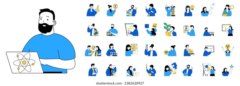 Science laboratory concept with people situations mega set in flat web design. Bundle scenes of scientific analysis, research tests. Vector illustrations for social media banner, marketing material.