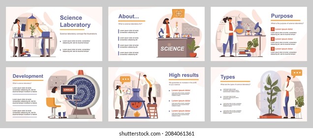 Science laboratory concept for presentation slide template. People make scientific research and different tests, scientists discoveries in lab. Vector illustration with flat persons for layout design