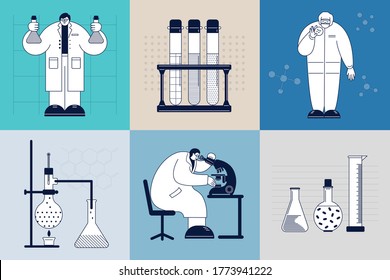 Science laboratory concept set with biochemical and medical research staff and experiment equipment on abstract background. Isolated flat vector illustration in modern minimalistic style.