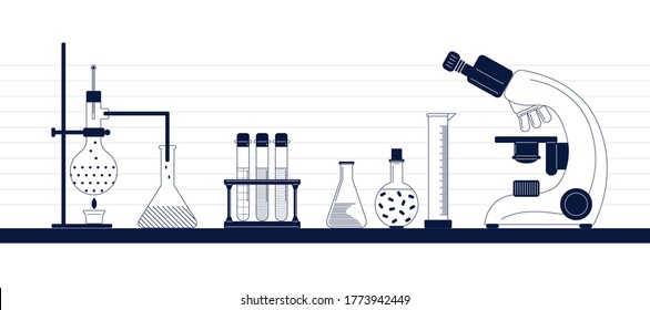 Science laboratory concept set with biochemical and medical research and experiment equipment. Isolated flat vector illustration in modern minimalistic style, line art.