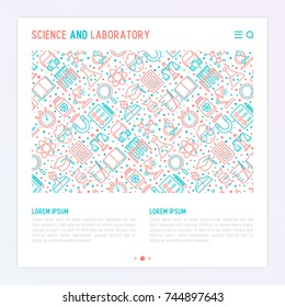 Science and laboratory concept with thin line icons of scientist, dna, microscope, scales, magnet, respirator, spirit lamp. Vector illustration for banner, web page, print media.