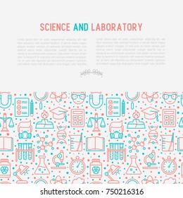 Science and laboratory concept with thin line icons of scientist, dna, microscope, scales, magnet, respirator, spirit lamp. Vector illustration for banner, web page, print media.