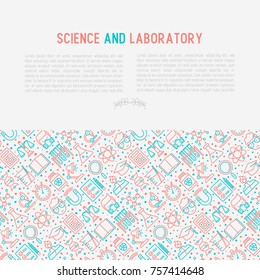 Science and laboratory concept with thin line icons of scientist, dna, microscope, scales, magnet, respirator, spirit lamp. Vector illustration for banner, web page, print media.