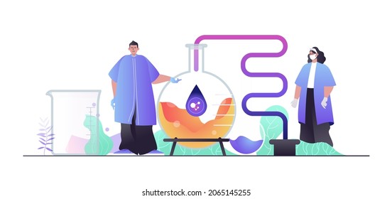 Science laboratory concept for web banner. Scientists make scientific research, experiment on lab equipment , modern people scene. Vector illustration in flat cartoon design with person characters