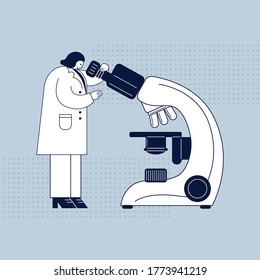 Science laboratory concept with woman researcher looking through the big microscope. Isolated flat vector illustration in modern minimalist style.