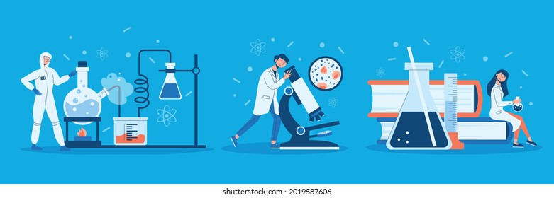 Science Laboratory Design Concept Set With Chemical Experiment Microbiology And Science Descriptions Vector Illustration