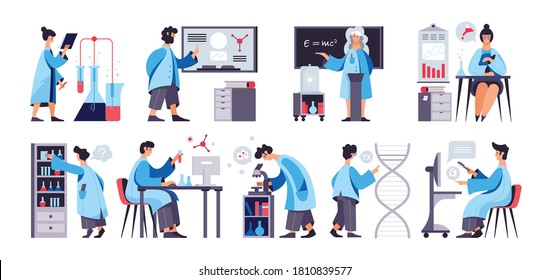 Science laboratory electronic microscope research blackboard presentation test tubes experiment dna molecule flat color set vector illustration  