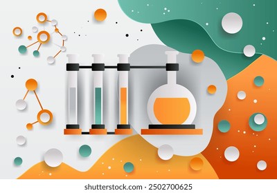 Science laboratory equipment colorful paper cut style. Test tubes beaker molecular structures vibrant abstract shapes orange green white background