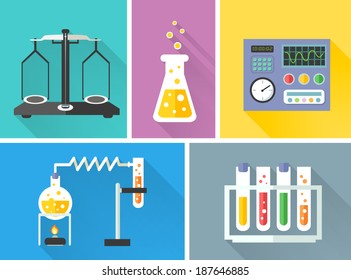 Science laboratory equipment decorative icons set with flask scales burner isolated vector illustration