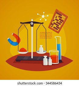 Science laboratory equipment design concept with  scales weights flask  and magnet   vector illustration