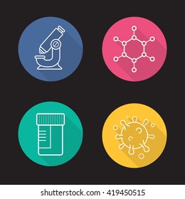 Science laboratory equipment flat linear long shadow icons set. Microscope, molecule structure and virus, medical tests jar. Vector line symbols