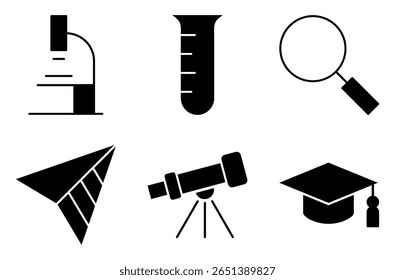 Conjunto de ícones de equipamentos de laboratório e ciência, como microscópio, tubo de ensaio, lupa, bússola, telescópio e tampa de graduação