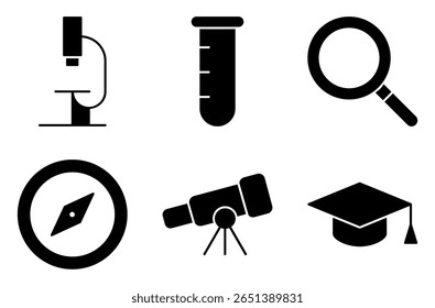 Conjunto de ícones de equipamentos de laboratório e ciência, como microscópio, tubo de ensaio, lupa, bússola, telescópio e tampa de graduação
