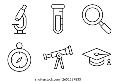 Conjunto de ícones de equipamentos de laboratório e ciência, como microscópio, tubo de ensaio, lupa, bússola, telescópio e tampa de graduação
