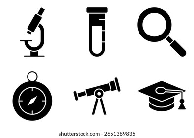 Conjunto de ícones de equipamentos de laboratório e ciência, como microscópio, tubo de ensaio, lupa, bússola, telescópio e tampa de graduação