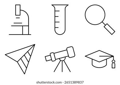 Conjunto de ícones de equipamentos de laboratório e ciência, como microscópio, tubo de ensaio, lupa, bússola, telescópio e tampa de graduação