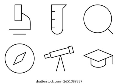 Conjunto de ícones de equipamentos de laboratório e ciência, como microscópio, tubo de ensaio, lupa, bússola, telescópio e tampa de graduação