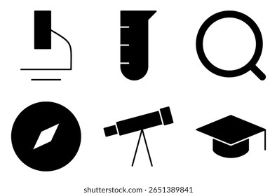Science and Laboratory Equipment Icon Set, such as microscope, test tube, magnifying glass, compass, telescope, and graduation cap