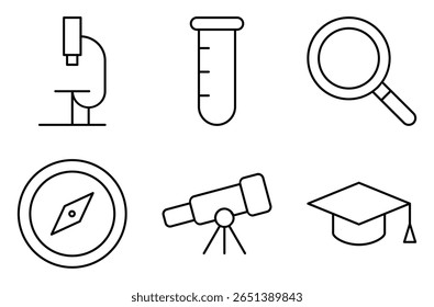 Conjunto de ícones de equipamentos de laboratório e ciência, como microscópio, tubo de ensaio, lupa, bússola, telescópio e tampa de graduação