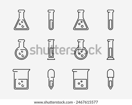 Science laboratory equipment icon set. Basic flat design chemical lab. Beaker, test tube, volumetric flask, measuring cylinder, dropper sign symbol.