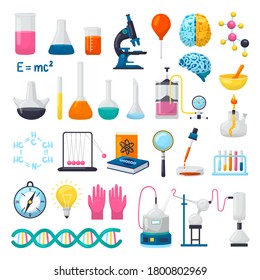 Science and laboratory equipment icons set of vector illustrations. Flasks, beakers, microscope, chemical formulas of dna, brains and scientifical research experiments supplies. Scientists objects.