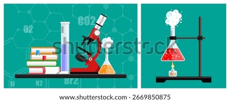 Science laboratory equipment and learning tools set. Chemistry experiment with boiling flask. Educational concept for school, research, and scientific discovery.