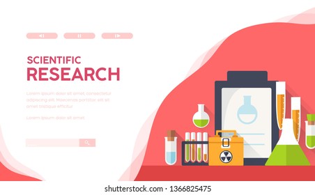 Science laboratory equipment with test tubes, flasks, beakers, reagents. Workplace for medical diagnostic researches. Chemical experiment. Chemistry class, lesson at school, university. Vector design.