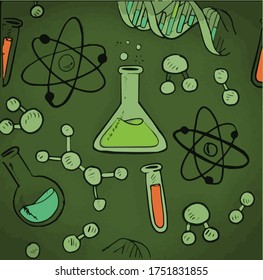 Science laboratory equipments. test tubes. conical flask. Beakers. chemical reactions. orange and green chemical reaction.