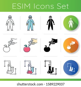 Science laboratory experiments icons set. Chemical synthesis. DNA modification. Organic chemistry research. Flat design, linear, black and color styles. Isolated vector illustrations
