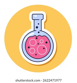 Science laboratory flask line icon sticker isolated concept. Flat graphic design cartoon illustration