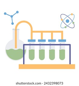 Science laboratory flask, test tubes, and atom. Vector illustration in flat style with science theme. Editable vector illustration.