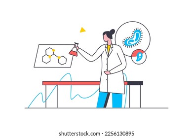 Science laboratory flat line concept. Woman making scientific research, studies viruses and molecules using flasks and lab equipment. Vector illustration with outline people scene for web design