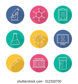 Science laboratory flat linear long shadow icons set. Microscope, molecular structure, tests checklist, beaker with liquid, virus, lab computer, pipette, test tubes and jar. Vector line illustration