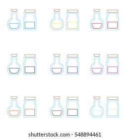 science laboratory glass flask with various color liquid outline icons eps10