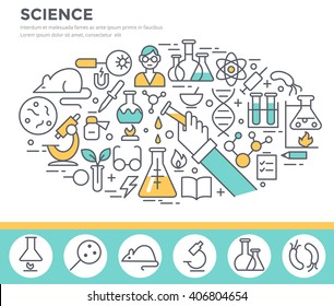 Science, laboratory glassware and science experiments  concept illustration thin line flat design