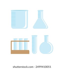 Science laboratory glassware set including beaker, flask, test tubes, graduated cylinder, and rack. Perfect for educational or scientific designs.