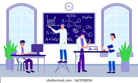 Science laboratory and group of scientists or students with teacher vector illustration. Man writes chemical formulas on blackboard. Team of researchers works with test tubes, books, on computer.