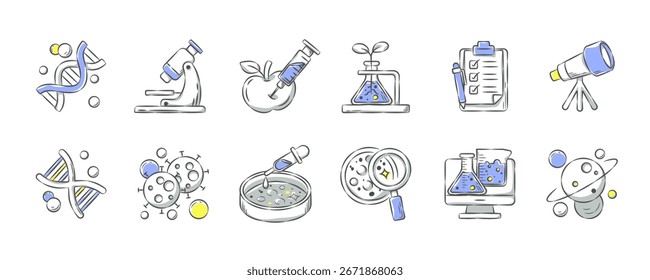 Ciencia y laboratorio. Colección dibujada a mano de la ilustración de la historieta del icono . Conjunto 1 de 3 . Vector.