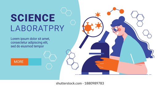 Science laboratory horizontal banner with cute young female specialist looking through microscope flat vector illustration