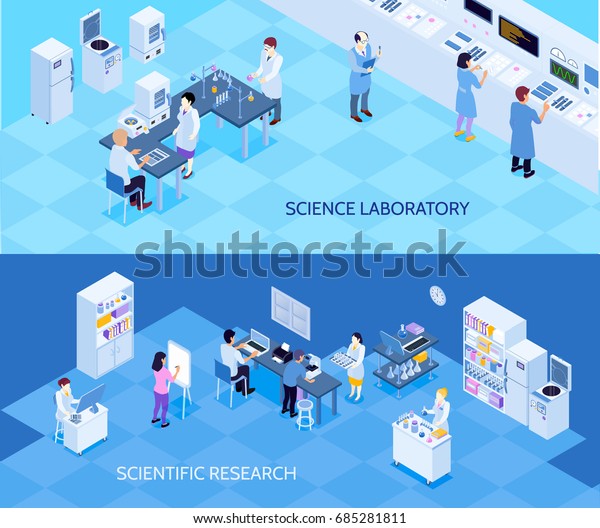 青の背景に科学研究所の水平アイソメ図のバナーと 技術研究を担当する人々の分離型ベクターイラスト のベクター画像素材 ロイヤリティフリー
