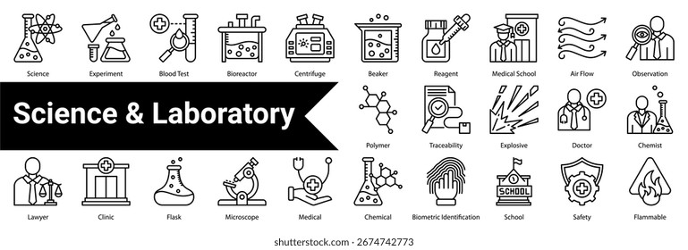 Icon-Sammlung und -Set für Wissenschaft und Labor mit: Wissenschaft, Experiment, Bluttest, Bioreaktor, Zentrifuge, Becher, Reagenz, Medizinische Schule, Luftstrom, Beobachtung, Polymer, Rückverfolgbarkeit, Sprengstoff, Arzt,