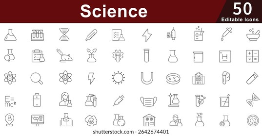 Conjunto de ícones do laboratório da ciência - 50 ícones editáveis do equipamento da pesquisa para a química, a biologia e a coleção do vetor do estudo científico