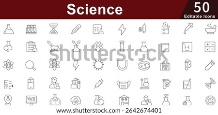 Science Laboratory Icon Set - 50 Editable Research Equipment Icons for Chemistry, Biology and Scientific Study Vector Collection
