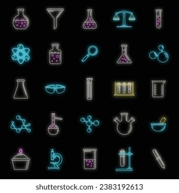 Science laboratory icon set. Outline set of science laboratory vector icons neon color on black