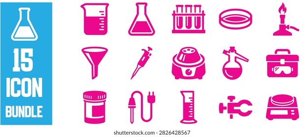 science laboratory icons bundle pink color test tube graduated cylinder spray bottle laboratory chemistry research experiment centrifuge education equipment analysis