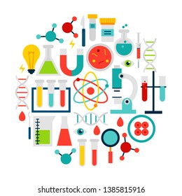 Science Laboratory Icons Circle. Vector Illustration of Education Flat Objects isolated over White.